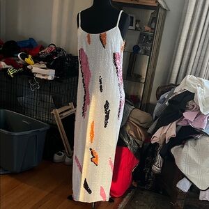 Eloquii White Maxi Dress with Pink, Orange, and Black Sequins